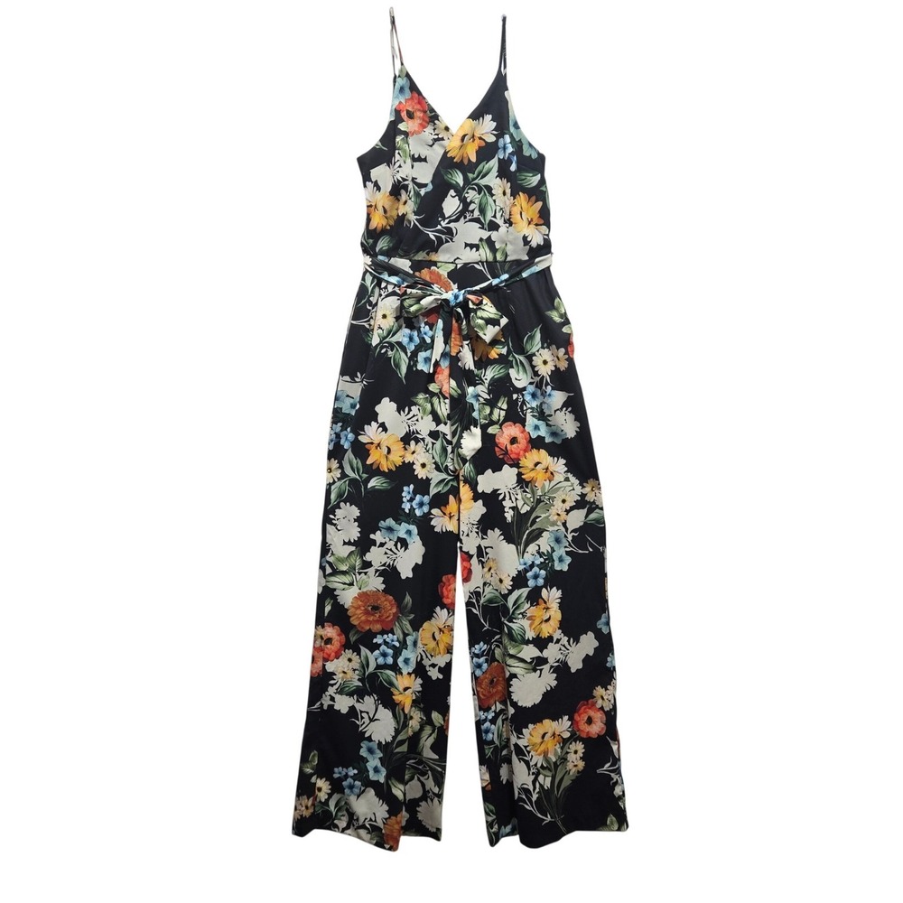Yumi Kim Floral Jumpsuit Small Black Wide Leg Spaghetti Strap #1317 - Picture 2 of 9